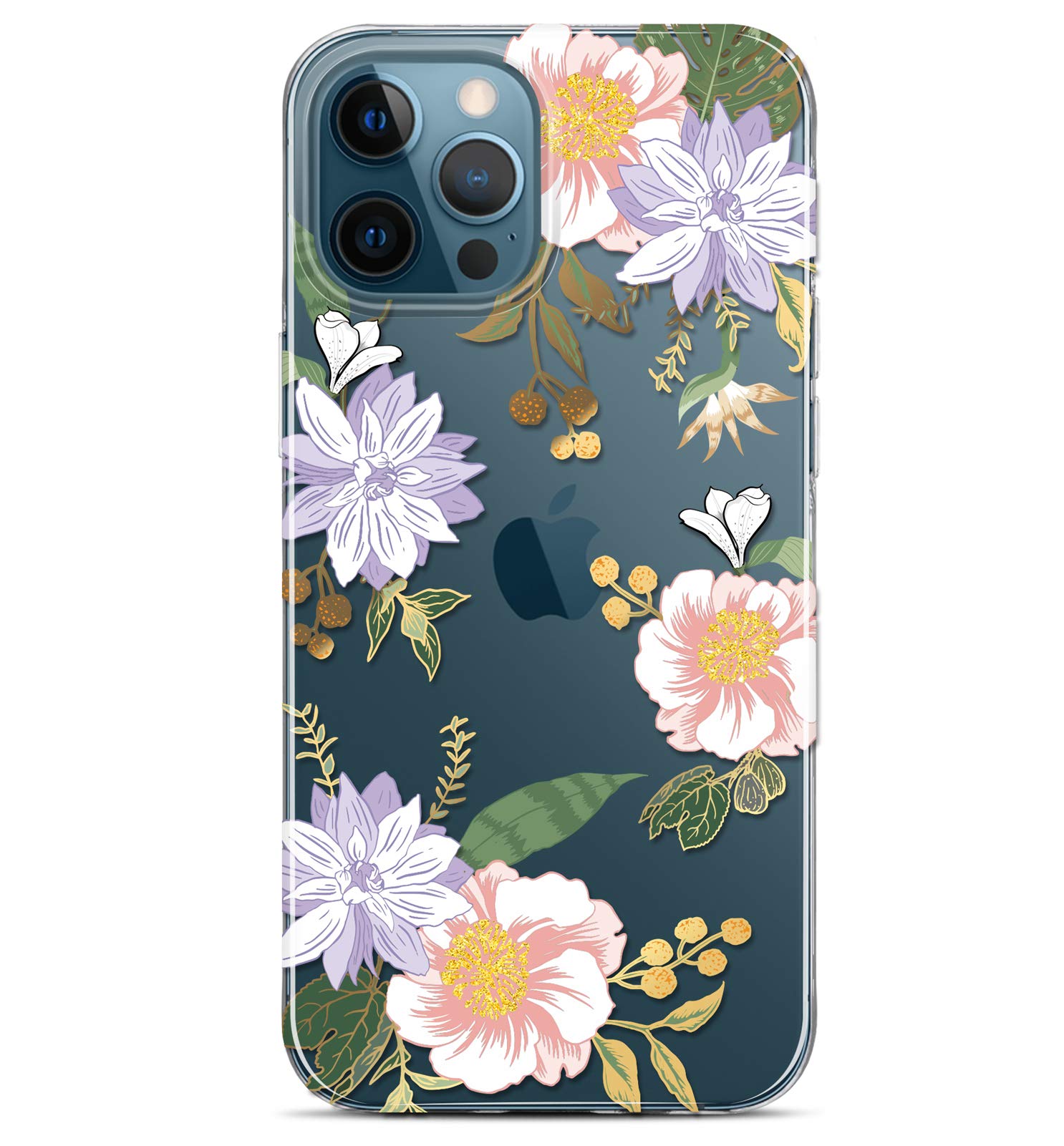 Baisrke Compatible With Iphone 12 Case,Iphone 12 Pro Case With Flowers,For Girly Women,Shockproof Floral Pattern Hard Back Cover